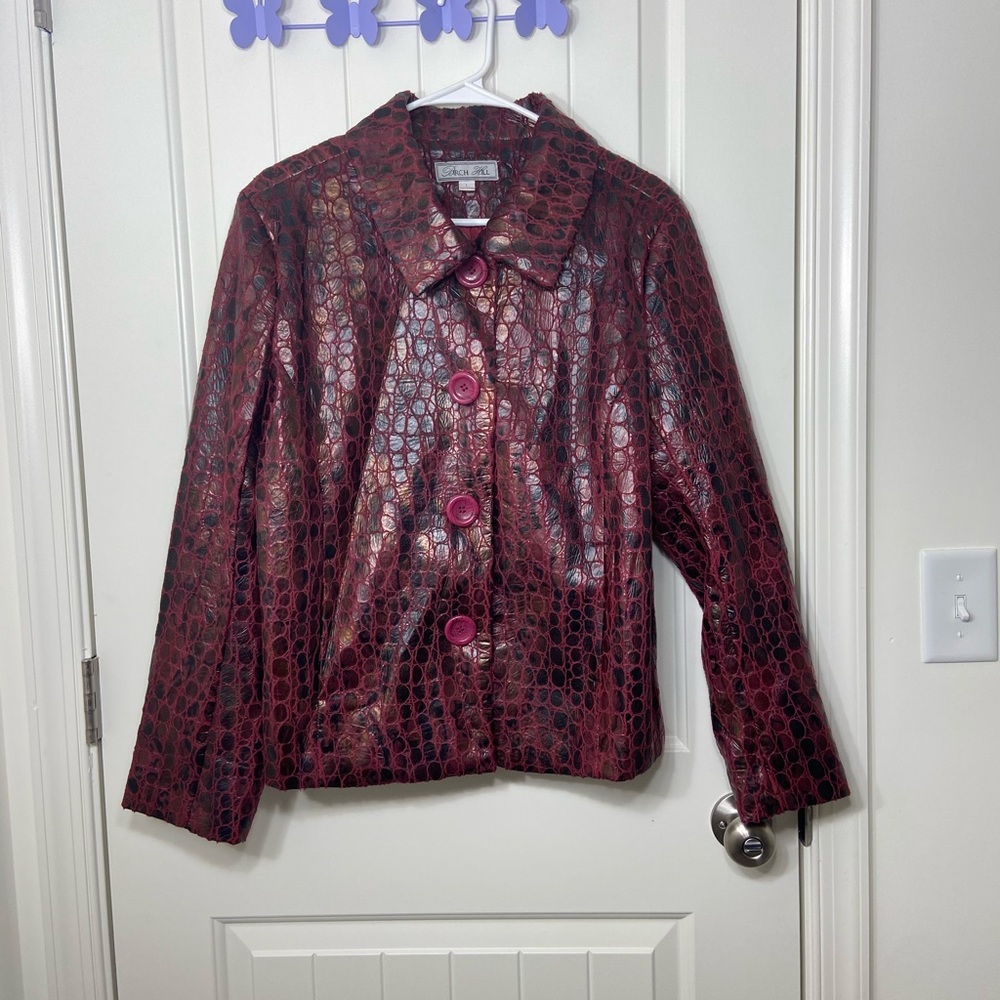 Vintage Birch Hill deep red delicate faux leather scale textured button jacket